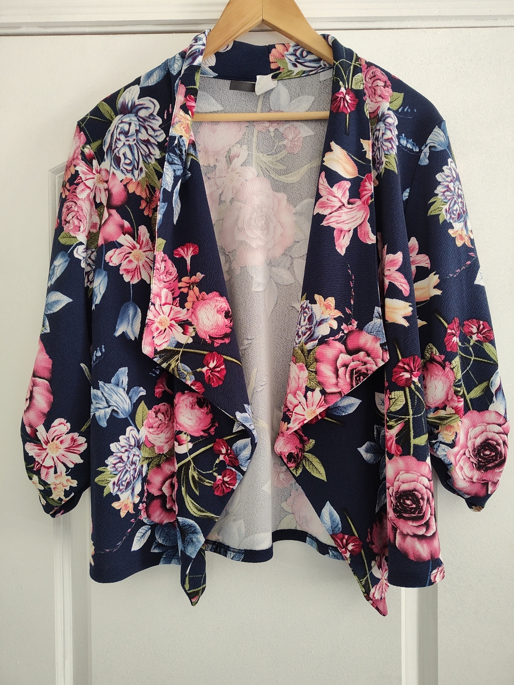 Moa Moa Navy Floral Open-Front 3/4 Sleeve Cardigan w/Pink Roses English Cottage